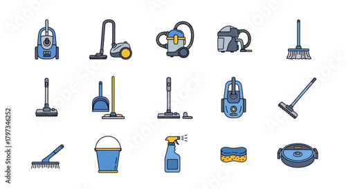 Set of Colorful Cleaning Tools and Equipment Icons.