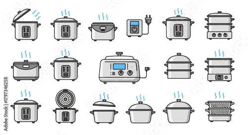 Collection of various modern electric rice cookers and steamers.