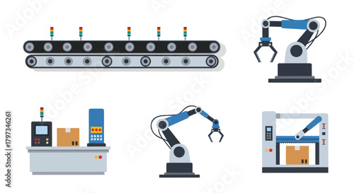 Automated Factory Equipment: Conveyor Belt Robotic Arms and Packaging Station.