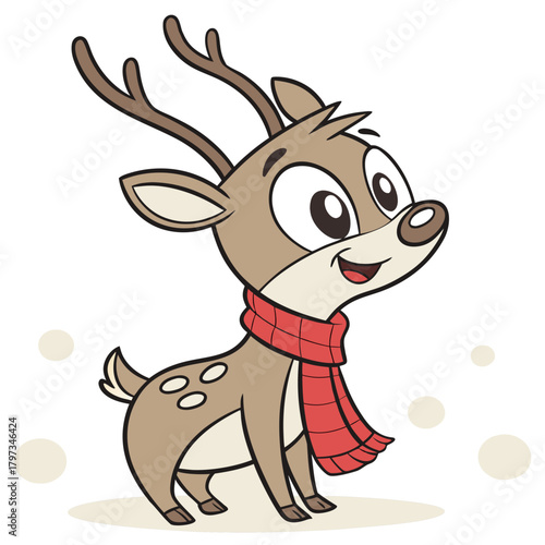 Festive Deer: A cheerful and charming deer adorned with a red scarf and smiling, ready to embrace the holiday spirit. Capturing the joy of the festive season.