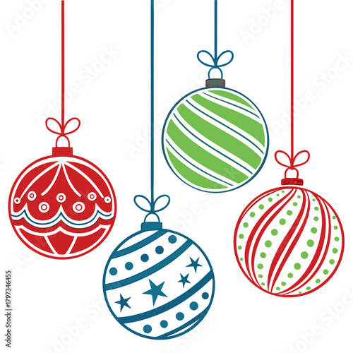 Festive Ornament Showcase: A quartet of intricately designed Christmas ornaments suspended delicately, each showcasing unique patterns and color palettes.