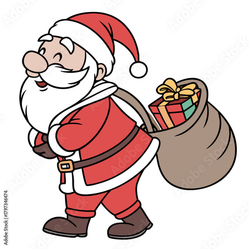 Santa's Merry Delivery: A jolly character, dressed in classic red, carries a sack brimming with gifts, embodying the spirit of the season. A joyful celebration!