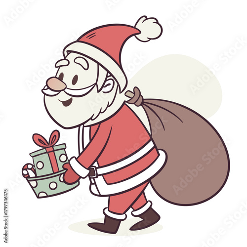 Santa's Christmas Gift Delivery: Santa Claus, a jovial figure, carries a sack full of Christmas gifts and candies, embodying the spirit of holiday generosity and joy.