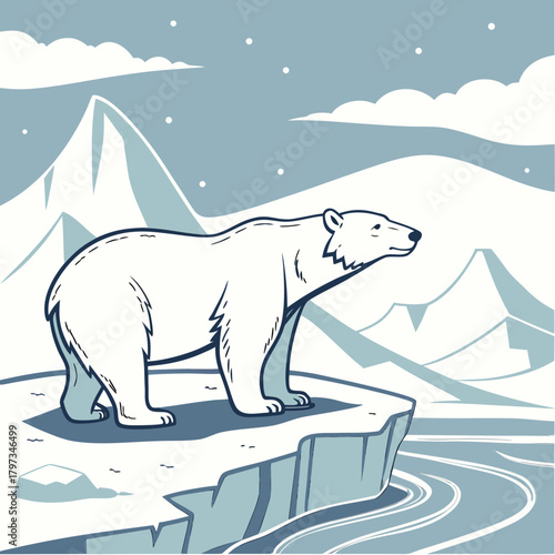 Polar Bear Contemplation: A solitary polar bear stands majestically on the edge of an ice floe, gazing out at a serene arctic landscape under a tranquil sky.