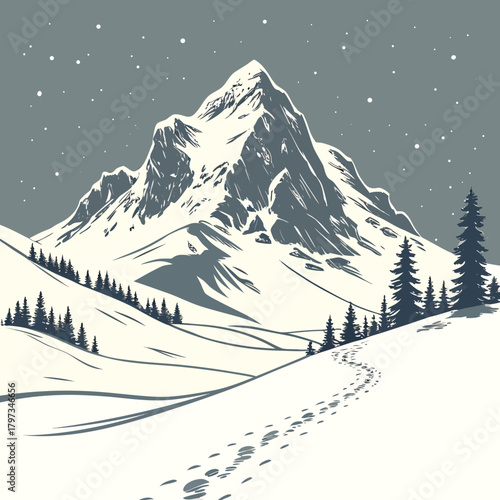 Mountain Peaks: A serene illustration of a snow-covered mountain range, with the majestic peaks dominating the landscape and inviting contemplation.