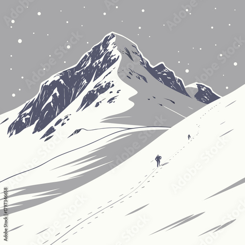 Ascent in the Snowy Peaks:  A daring duo embarks on an inspiring journey across a serene, snowy mountain, leaving tracks in their wake.