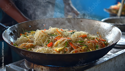 Chef is frying bihun (rice vermicelli) mixed with vegetables, egg, and spices. This flavourful dish is a popular Malaysian food, often served as a quick meal.