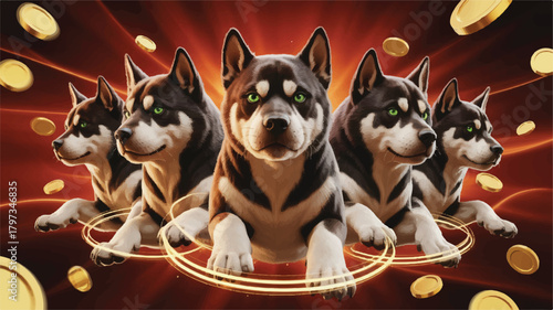 Five fierce dogs in symmetrical formation with glowing red background, golden spiral effect, and floating coins.