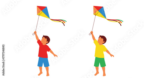 A young boy happily flying a colorful diamond kite in the sky