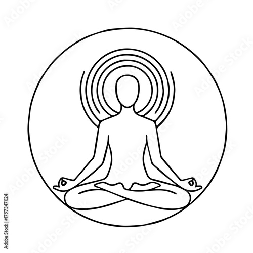 Minimalist line art icon of a person meditating in lotus pose with an aura, symbolizing mindfulness, spirituality, yoga, and inner peace.