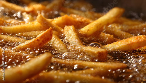 French Fries Bubbling in Hot Deep Frying Oil Close-Up
