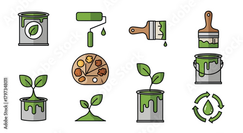 Eco-friendly painting and growth icons with green paint cans brushes and plants.