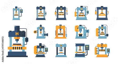 Flat design industrial hydraulic presses and stamping machines collection.