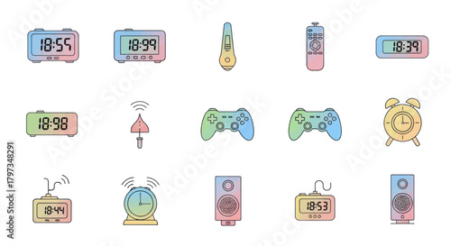 A colorful line art icon set of various electronic gadgets like clocks gamepads and speakers.