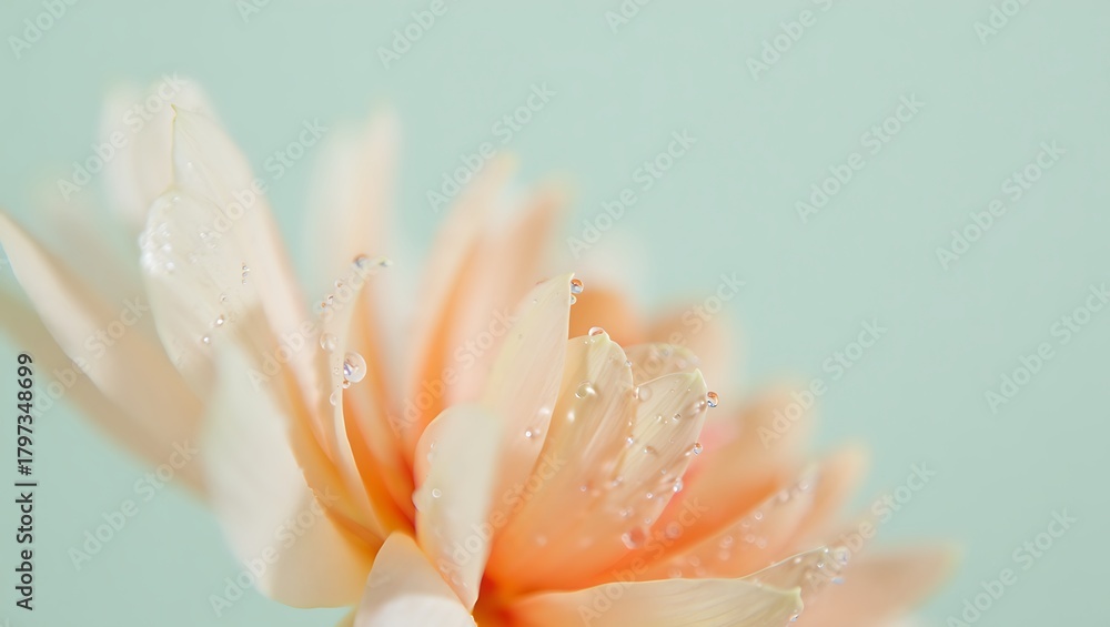 Obraz premium Closeup of a delicate peachcolored gerbera daisy with water droplets on its petals, set against a soft, muted teal background, evoking a sense of freshness and natural beauty