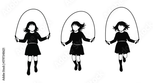 Three girls jumping rope in a simple black and white illustration