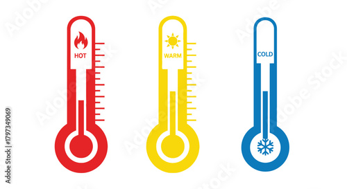 Three thermometers displaying hot warm and cold temperature levels