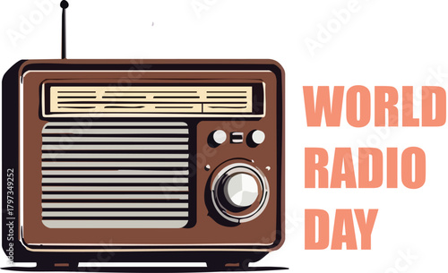 Retro radio illustration for world radio day celebrating the importance of radio broadcasting and technology