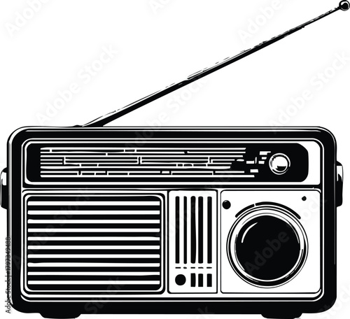 PrintVintage portable radio with antenna and tuning dial black and white vector illustration