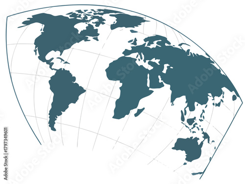 World Map Projection with Grid Lines in Teal on a White Background Illustration teal colored