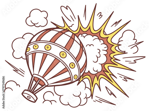 Cartoon Illustration of a Hot Air Balloon Exploding Mid Air with Clouds Around It