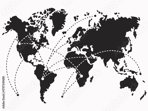Global Network Connection Black and White World Map with Dotted Lines Representing International Connectivity