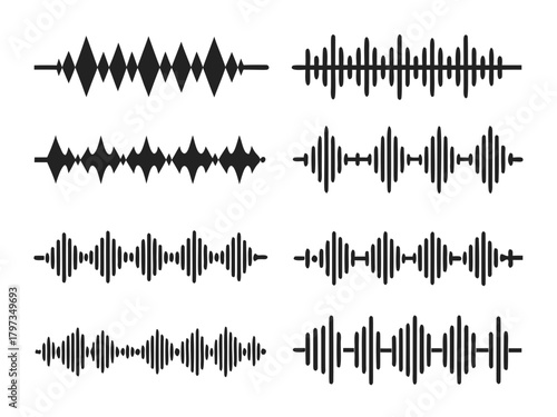 Black and White Sound Wave Illustrations Representing Audio Signals and Communication Technology Concepts set