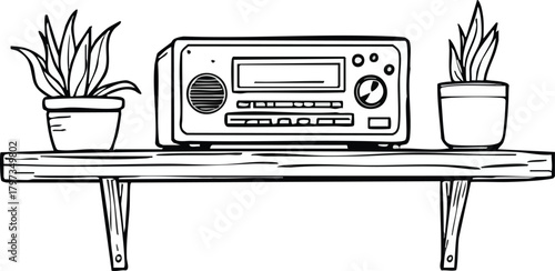 Illustration of a vintage radio and two potted plants on a wooden shelf, , creating a retro and cozy atmosphere