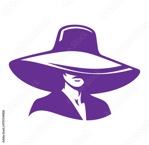Elegant woman wearing a large purple sun hat minimalist vector illustration style
