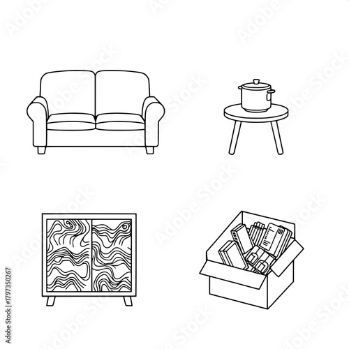 “Produce a crisp black-and-white flat illustration containing: a two-seat sofa, a small table with a rice cooker, a topographic-pattern cabinet, and an open box of office items. Place each in its own 