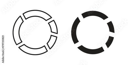 Donut chart icon in line design and solid black and white colors for designs