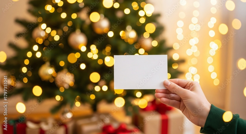 Obraz premium Hand Holding Blank Card in Front of Christmas Tree – Festive Scene with Golden Ornaments and Holiday Gifts 