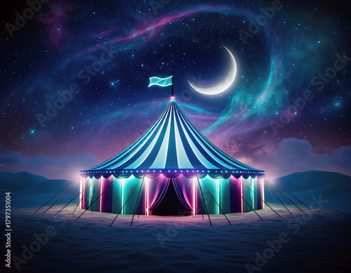 A whimsical circus tent stands under a vibrant, starry night sky and crescent moon, evoking dreams, magic, and escape. Ideal for fantasy, events, or surreal themes.