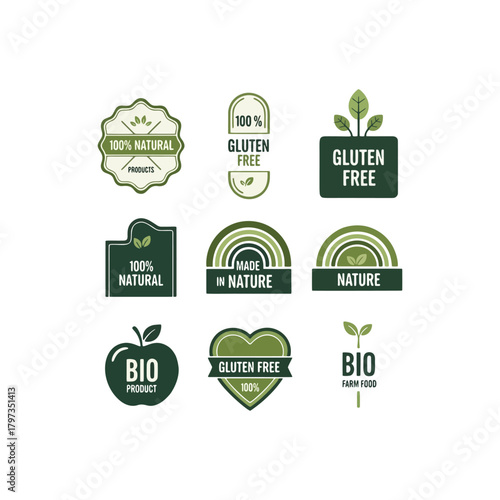 Natural gluten free product labels and badges for organic products
