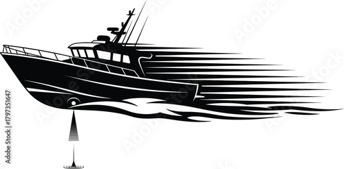 Bold monochrome emblem featuring a sleek fishing boat speeding across the water, perfect for nautical logos, maritime designs, or high-speed adventure themes