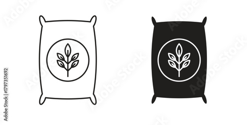 Fertilizer icon in line design and solid black and white colors for designs