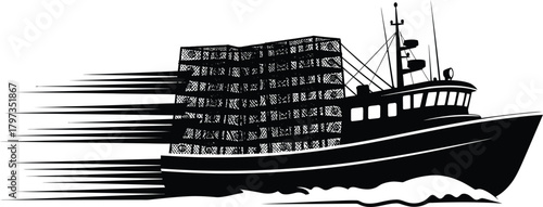 Dynamic black and white illustration of a fishing boat speeding through the water, fully loaded with crab or lobster traps, Commercial Crab & Lobster Trap Boat Silhouette
