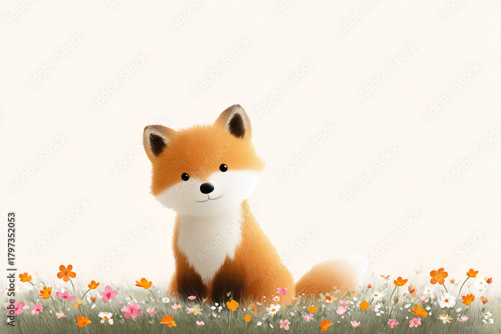 Fototapeta premium Cute fox illustration. Adorable, fluffy animal sits in a meadow of flowers. Perfect for childrens books, invitations, or whimsical designs. Innocence and nature.