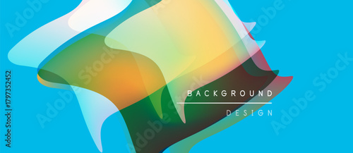 Abstract flowing shapes, vibrant colors, layered design. Blue backdrop complements warm tones, creating dynamic visual effect.