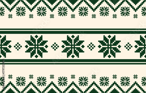 Seamless Christmas pixel pattern vector in retro 8-bit style, featuring festive holiday motifs. Perfect for Christmas wrapping paper, sweaters, greeting cards, backgrounds, and textile design.