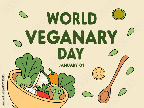 World Veganary Day Illustration with Salad Bowl and Spoon on Beige Background