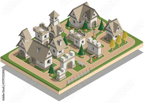 Medieval village. Isometric. Isolated on white background. Vector illustration.