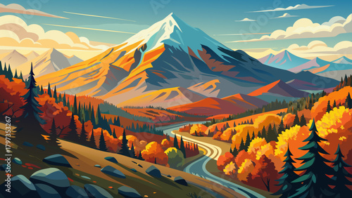 Very beautiful view of Mt. Jefferson and Jefferson Ravine from the Mount Washington Road on a sunny autumn day, featuring rugged slopes, vibrant fall colors, and a dramatic blanket of clouds covering 