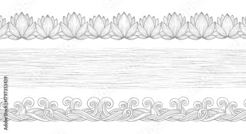 Serene water lilies reflected in water with gentle waves in monochrome