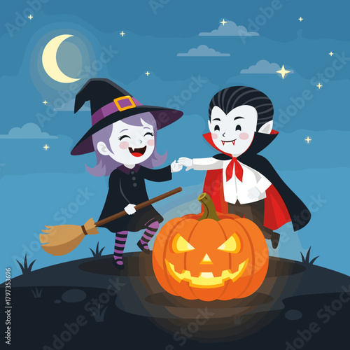 Festive Halloween Night: Smiling Cartoon Kids Dressed as Witch and Vampire with Glowing Jack-o'-Lantern on Grassy Hill Under Moonlit Sky