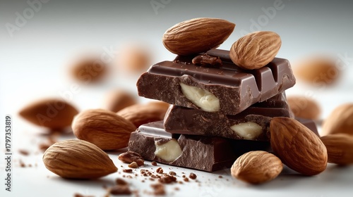Chocolat noir aux amandes empilé avec des noix dispersées autour