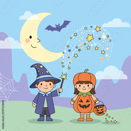 Cute Kids Halloween Celebration: Wizard Boy and Pumpkin Girl with Magic, Smiling Moon, and Bat