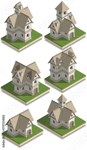 Set of medieval houses. Isometric. Isolated on white background. Vector illustration.