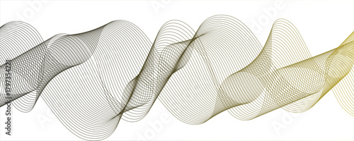 Abstract golden  wavy lines Digital frequency track equalizer background. Curved wave smooth stripe seamless pattern. technical flowing web science tech geometric concept lines.