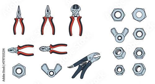 Assortment of Pliers and Nuts: Various Types and Sizes for Mechanical Work.